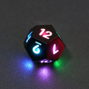 Lit Onyx Black D12 with a rainbow of colors across each face. Onyx Black colorway is a fully opaque black resin with no glitter. The numbers or symbols are painted pale white.