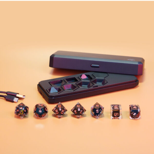 Unlit Clear RPG set lined up in front of a Large Charging Case and USB Cable.