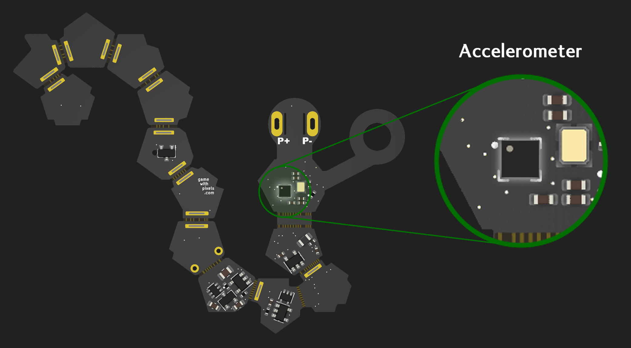 Render of unfolded circuit board for D12 highlighting the Accelerometer component.