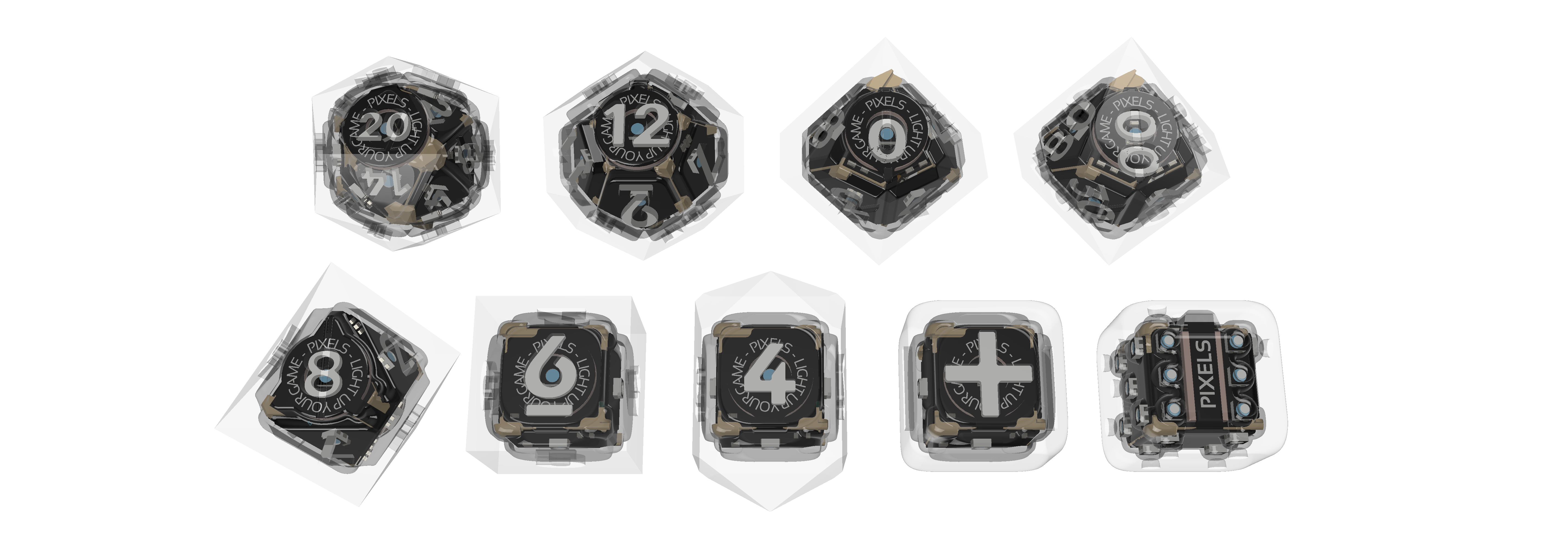 Render showing all nine dice types with a clear outer layer, black circuit board, and tan caddy.