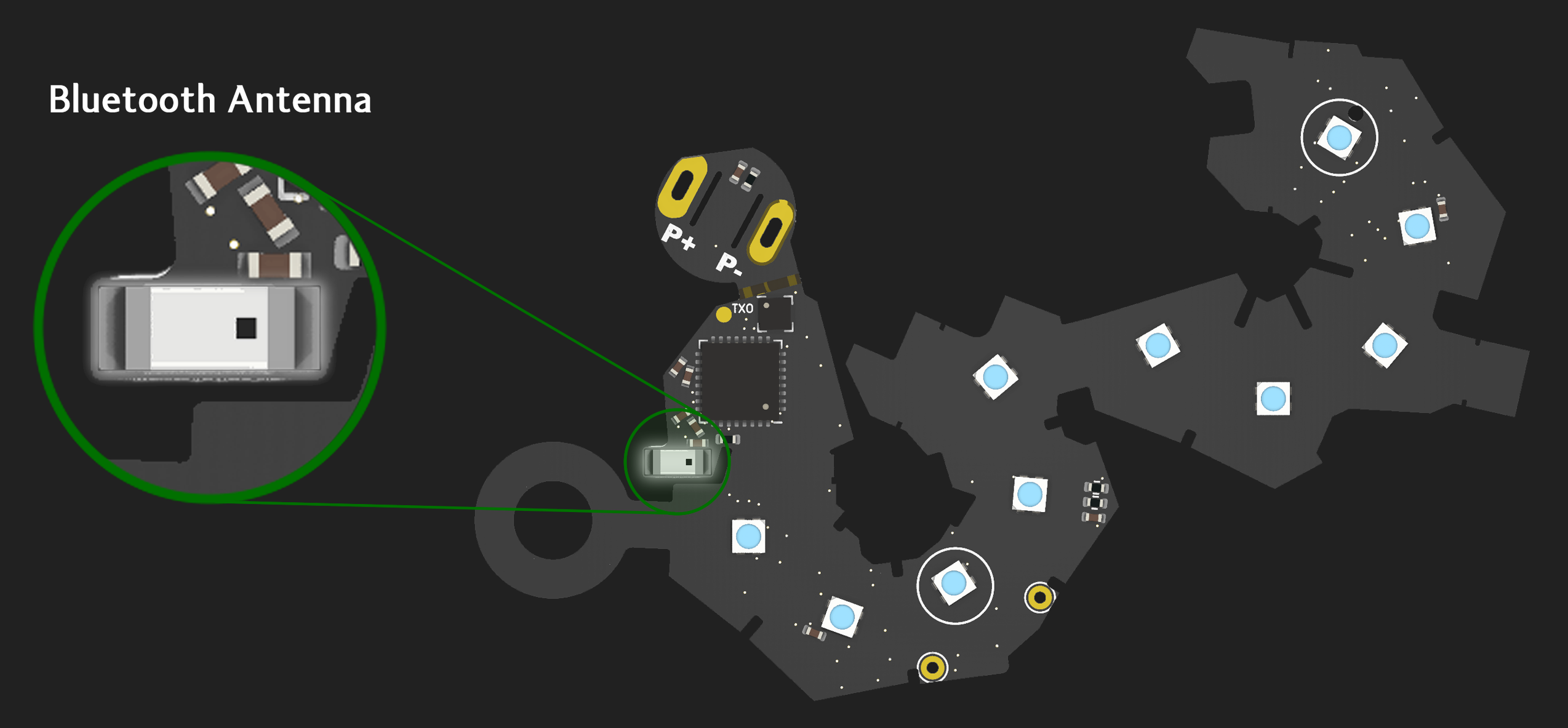 Render of unfolded circuit board for D10 highlighting the Bluetooth Anrenna component.