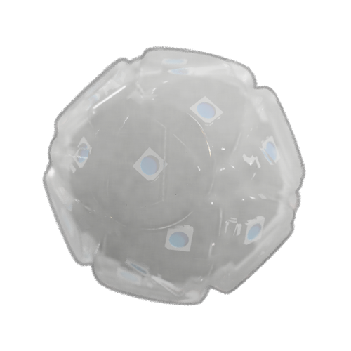 Render of a semi-translucent white layer around a D20 shaped circuit board.