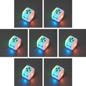 Collage of 7 lit Aurora Sky Fudge D6 with a rainbow of colors across each face. Aurora Sky colorway is a mostly translucent white resin base packed with small blue and silver glitter throughout. The numbers or symbols are painted metallic black.