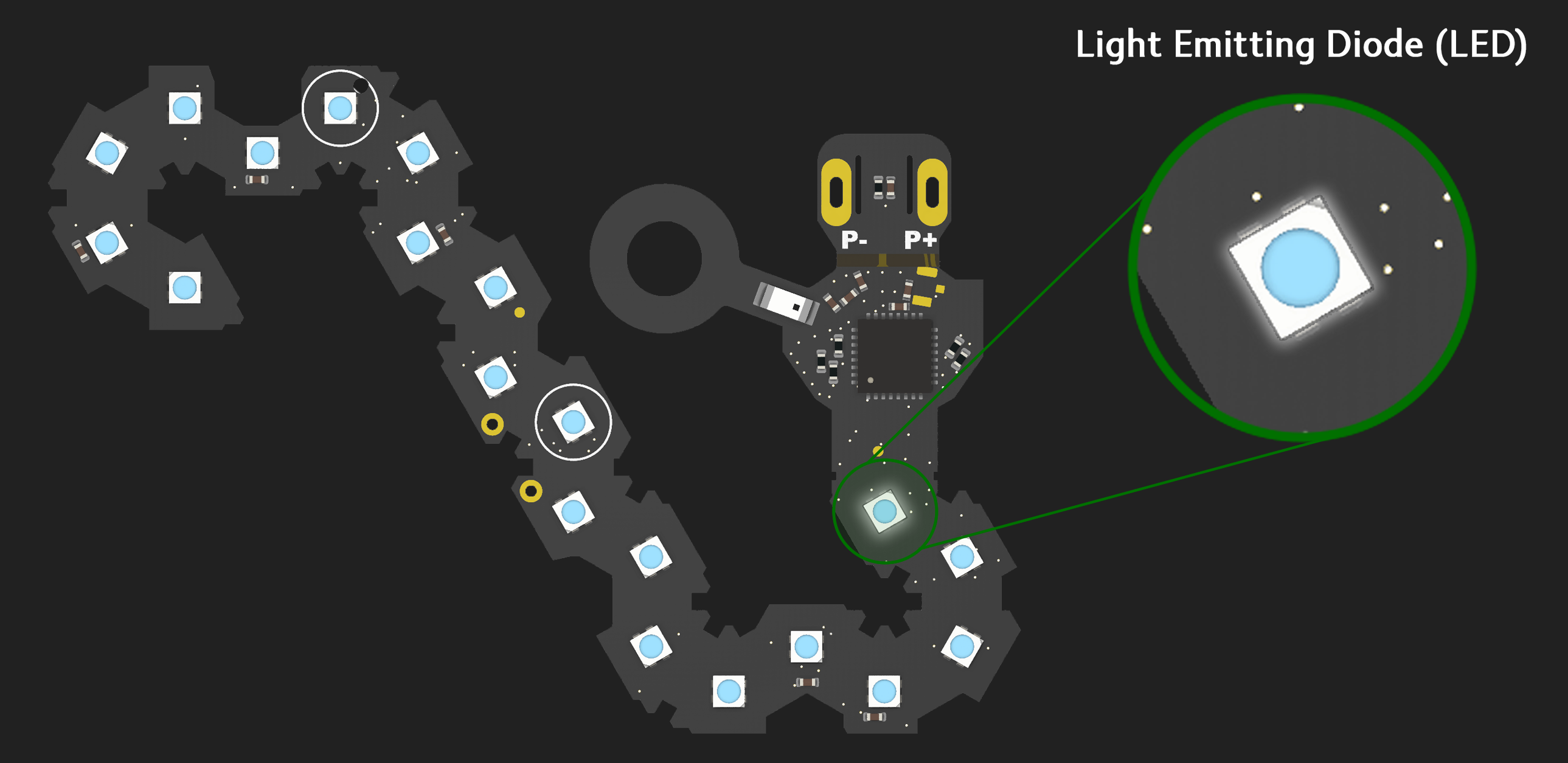 Render of unfolded circuit board for D20 highlighting the LED component.