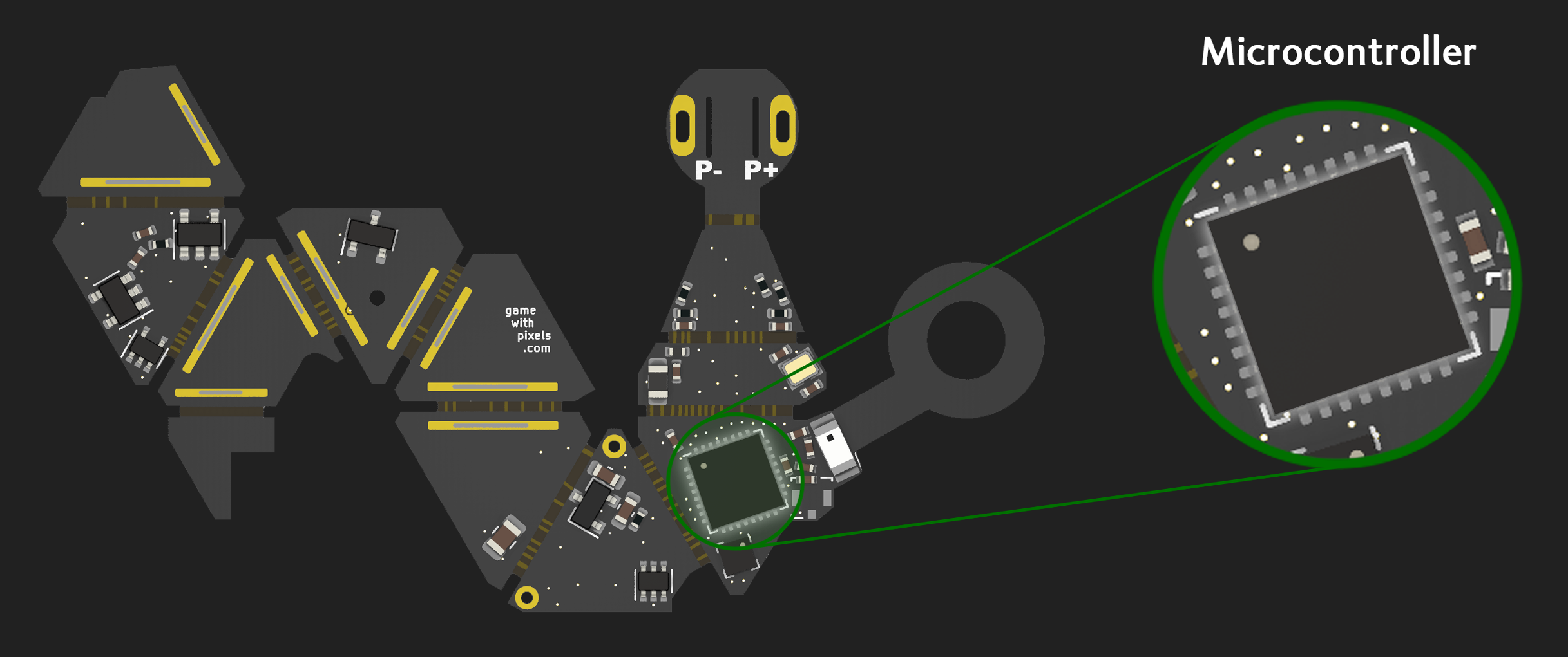 Render of unfolded circuit board for D8 highlighting the Microcontroller component.